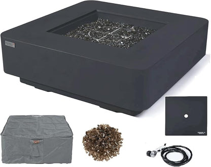 Elementi+ | Bergamo Gas Fire Pit Cast Concrete 42" Square Fire Table, Outdoor Fire Pit Electronic Ignition | Canvas Cover, Fire Glass and Burner Lid Included | Dark Gray | Propane Gas