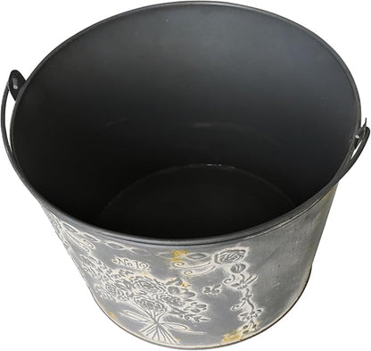 Vintage Embossed Metal Planter Pot with Handle, Rustic Farmhouse Flower Bucket, 11.81" Decorative Garden Pot for Indoor Outdoor Plants, Succulents, Herbs, Home Decor Accent