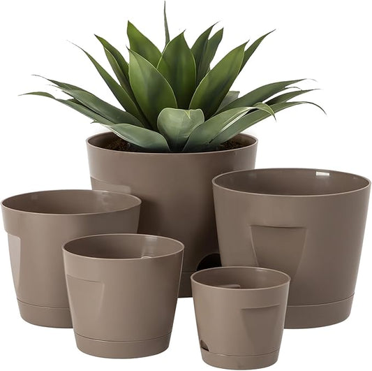 5 Pack Plastic Planters with Drainage, Self Watering Pots for Indoor Plants, Small Cute Plastic Pots in 5 Sizes, Ideal for Indoor Plants (Brown)