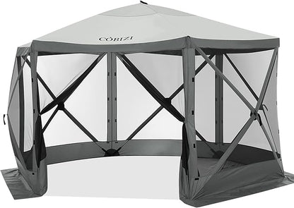 COBIZI 12x12ft Pop up Gazebo Screen Tent Screen House for Camping, Camping Outdoor Screened Gazebo with Mosquito Netting, Portable Hub Tent with Carrying Bag and Ground Stakes, Grey(Upgraded 2.0)