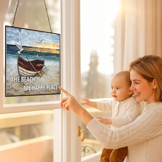 Rectangle The Beach is My Happy Place Stained Glass Suncatcher Window Hanging, Gothic Dragon Christmas Ornaments for Fiction Lovers, Dinosaur Room Decor for Nursery New Home Gifts