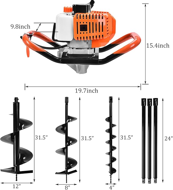 Post Hole Digger,72CC Auger Post Hole Digger Gas Powered Auger with 3 Earth Drill Bits 4" & 8" & 12", 3 Extension Rods for Fence Garden Farm Plant,EPA Certification