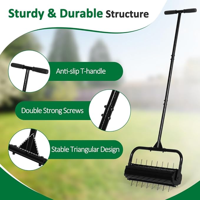 SMONTER Manual Lawn Aerator, 22” Heavy Duty Rolling Aerator Lawn Tool for Yard Garden, Aeration Tool with Spike Soil Penetrator