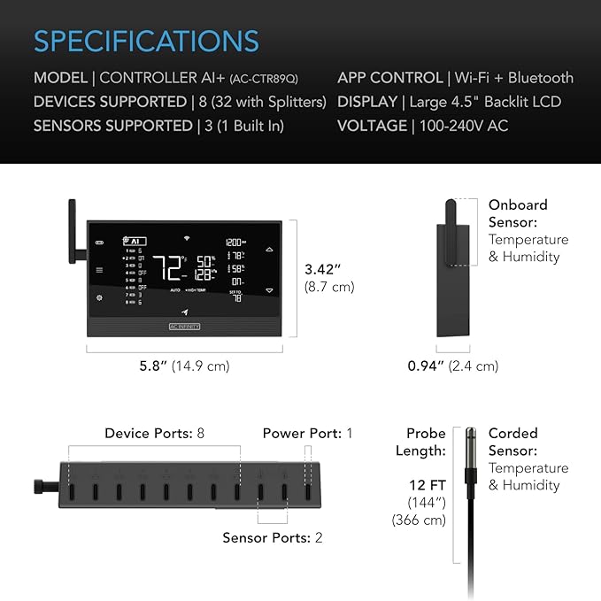 AC Infinity Controller AI+ Environmental Controller, Dynamic AI Controls Grow Devices, Insights Alerts Data Analysis w/ WiFi App, Programmable Dual-Zone VPD Temperature Humidity Automations