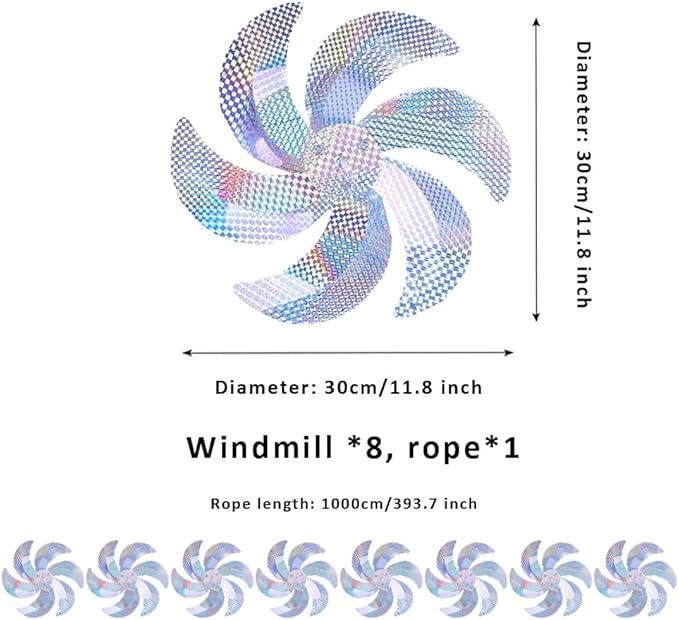 10 Meters of 8 Pieces Reflective Pinwheels Strings, Sparkly Hanging Scare Bird Deterrent Windmills, Outside Bird Repellent Wind Spinners Deterrent Birds Away from Yard Garden Patio Farm