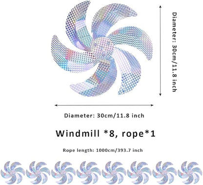 10 Meters of 8 Pieces Reflective Pinwheels Strings, Sparkly Hanging Scare Bird Deterrent Windmills, Outside Bird Repellent Wind Spinners Deterrent Birds Away from Yard Garden Patio Farm