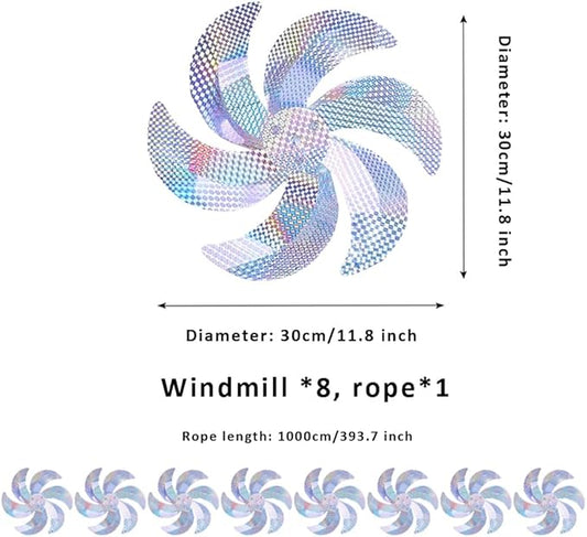 10 Meters of 8 Pieces Reflective Pinwheels Strings, Sparkly Hanging Scare Bird Deterrent Windmills, Outside Bird Repellent Wind Spinners Deterrent Birds Away from Yard Garden Patio Farm