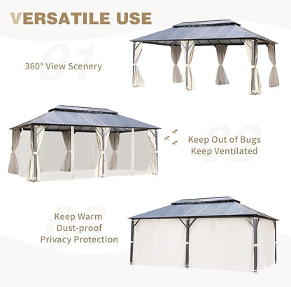 YOLENY 12' X 20' Hardtop Gazebo, Aluminum Composite Ventilation Double Roof Permanent Outdoor Pavilion Pergola Party Tent for Patio, Lawn, Garden, Poolside, Curtains and Netting Included.