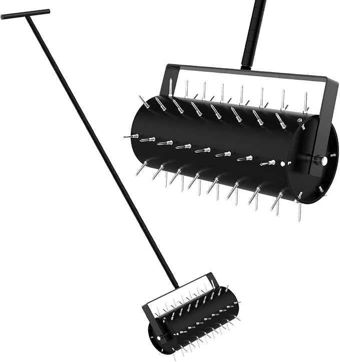 Rolling Lawn Aerator Manual Aeration Tool Heavy Duty Grass Dethatching Aeration Tool with 60 Inch Handle for Yard Garden Lawn Bearing Design, Labor Saving