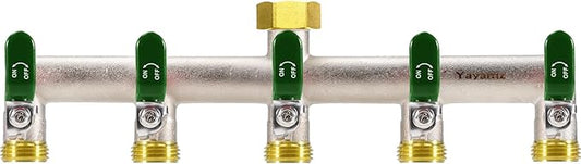 5 Way Garden Hose Splitter, Heavy Duty Brass Nickel Plated Rust Resistant Faucet Manifold, 3/4" Frost Resistant Outdoor Hose Adapter Connector，Hose Spigot Adapter with 5 large Green handles