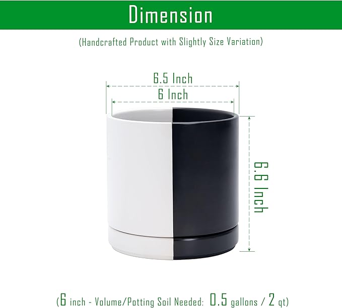 D'vine Dev 6.5 Inch Ceramic Planter Pot with Drainage Hole and Saucer, Indoor Cylinder Round Planter Pot, Split Monochrome Black & White, 94-O-C-0