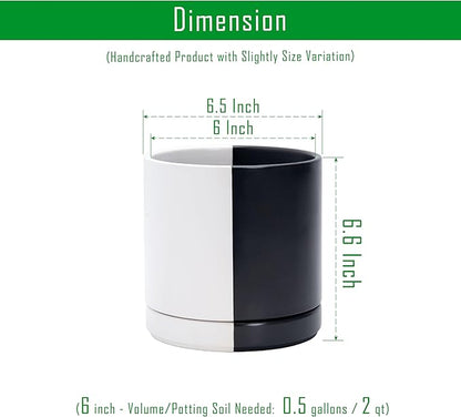 D'vine Dev 6.5 Inch Ceramic Planter Pot with Drainage Hole and Saucer, Indoor Cylinder Round Planter Pot, Split Monochrome Black & White, 94-O-C-0
