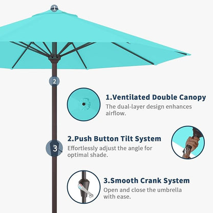 9FT Patio Umbrella with Fiberglass Ribs, Outdoor Market Table Umbrella with Crank and Tilt, UV Resistant Waterproof Canopy for Patio, Garden, Deck, Pool, Aqua Blue