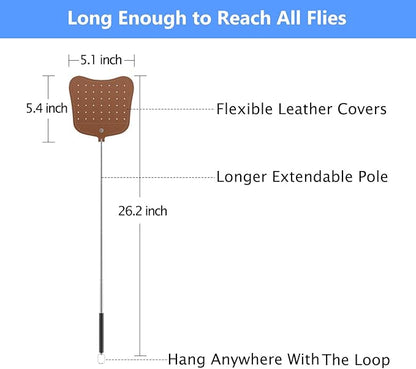 Foxany Telescopic Fly Swatters Heavy Duty Set, Leather Fly Swatter with Extendable Long Handle, Flexible Manual Flyswatter for Indoor Outdoor, 2 Pack