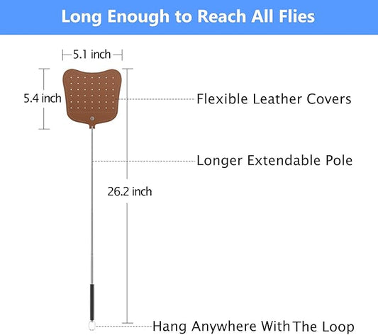 Foxany Telescopic Fly Swatters Heavy Duty Set, Leather Fly Swatter with Extendable Long Handle, Flexible Manual Flyswatter for Indoor Outdoor, 2 Pack