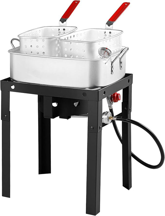 OT1808 Propane Deep Fryer with 18Qt Square Deep Fryer Pot – High Grade Strainer Basket Aluminum Pot for Fish Fry, Seafood Pot – Propane Burners for Outdoor Cooking Include Thermometer