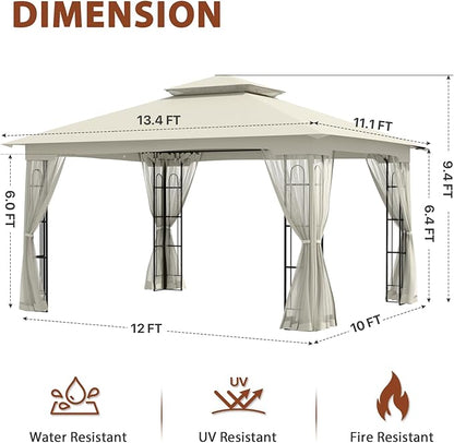 EAGLE PEAK Patio Gazebo with Mesh Netting 13x11 at Top 12x10 Footprint, Soft Top Outdoor Pavilion for Backyard, Deck, Lawn and Garden, Beige