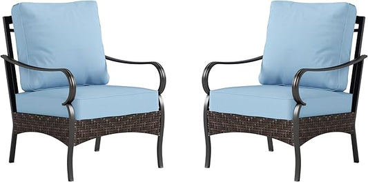 PHI VILLA Outdoor Wicker Chairs Sofa of 2, All Weather High Back Rattan Chairs 2 Seats with Comfy Cushions for Porch Deck