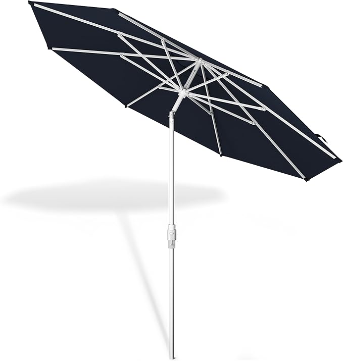 Midtown Umbrellas The Swilt 8 Feet Patio Umbrella in Sunbrella Canvas Navy Acrylic Fabric - Fiberglass Ribs, Auto-Tilt Aluminum Frame For Backyard, Deck, Garden, Pool - White Pole