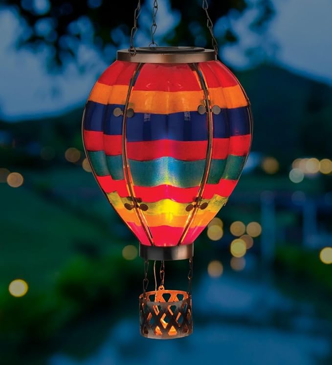 Regal Art & Gift Hot Air Balloon Solar Lantern – Hanging Solar-Powered LED Lights, Waterproof Portable Decorative Outdoor Lamp Made of Metal & Glass for Garden, Patios & Pathway – Multi Stripe(Large)