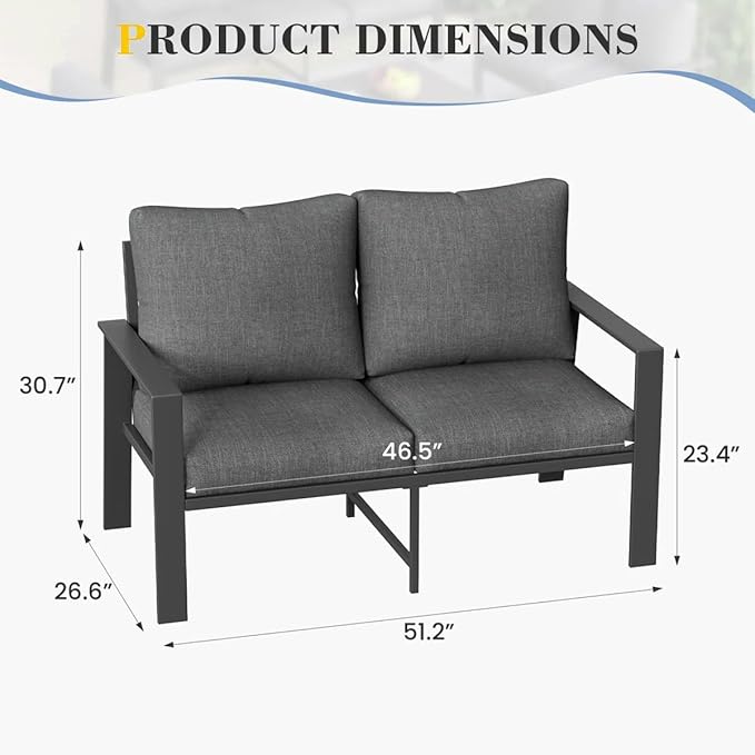 Aluminum Patio Furniture Chair, Outdoor Seating Set 4" Cushion Loveseat Sofa for Balcony