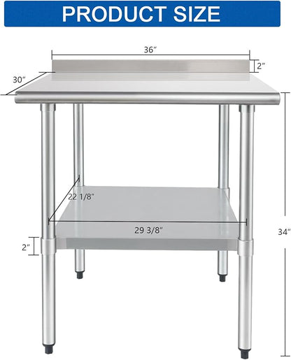 HARDURA Stainless Steel Table Prep Work Table 30 x 36 Inches NSF Heavy Duty Commercial with Undershelf and Backsplash for Food Prep