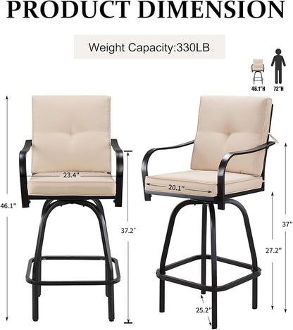Patio Swivel Bar Stools, Outdoor High Back Swivel Bar Chair Set of 6 with Cushion & All Weather Steel Frame for Backyard, Lawn, Poolside and Balcony, Beige