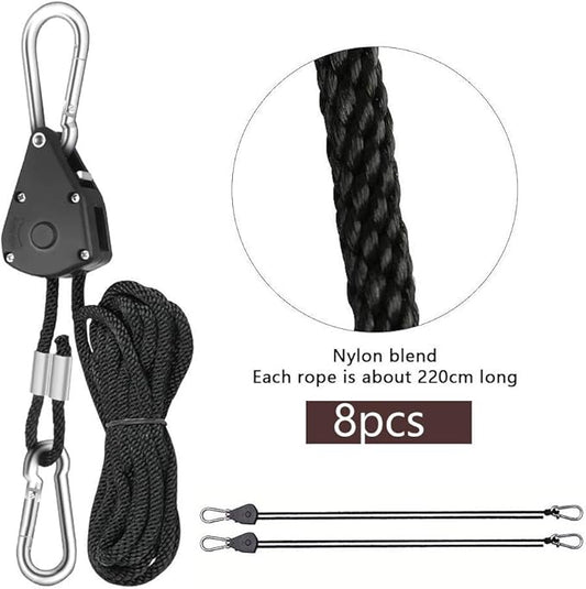 4 Pairs 1/8 Inch Adjustable Heavy Duty Ratchet Hanger Grow Light Fixtures Rope Clip Hangers Hanging Ropes for Gardening Grow Plant Fan Reflectors Filter Tent,150lbs Weight Capacity