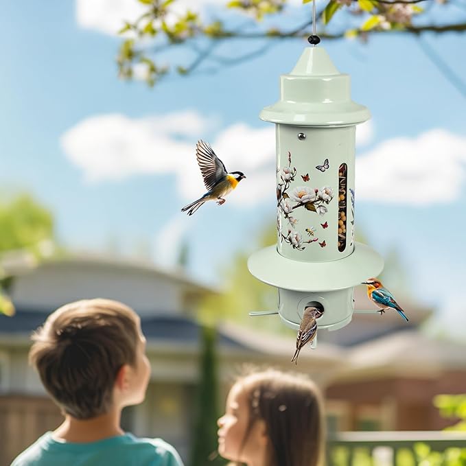 Squirrel Proof Bird Feeders, Long Lasting Bird Feeder for Outdoors, Reliable and Rust Resistant Metal Station for Prevents Squirrels from Stealing Food,5LB Large Capacity,Green