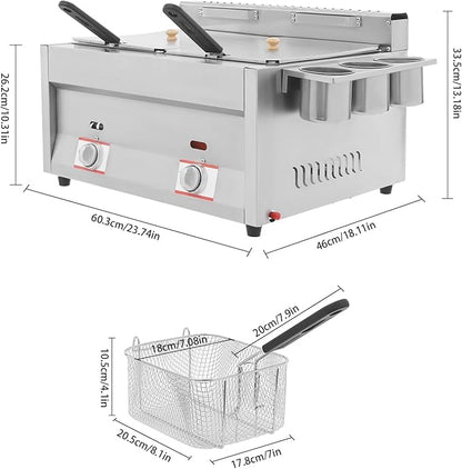LYNICESHOP Stainless Steel Countertop Gas Fryer, Commercial LPG Gas Deep Fryer with 2 Basket Propane LPG Oil Frying Pot Kitchen Frying Machine Snack Fryer For French Fries Restaurant Home Kitchen