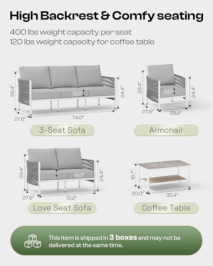 Aluminum Outdoor Patio Furniture Set, HDPE Rope 4 Piece Modern Sectional Conversation Sets with Dual-Layer Coffee Table, All Weather Patio Couch Set with Thick Cushions, White Frame, White