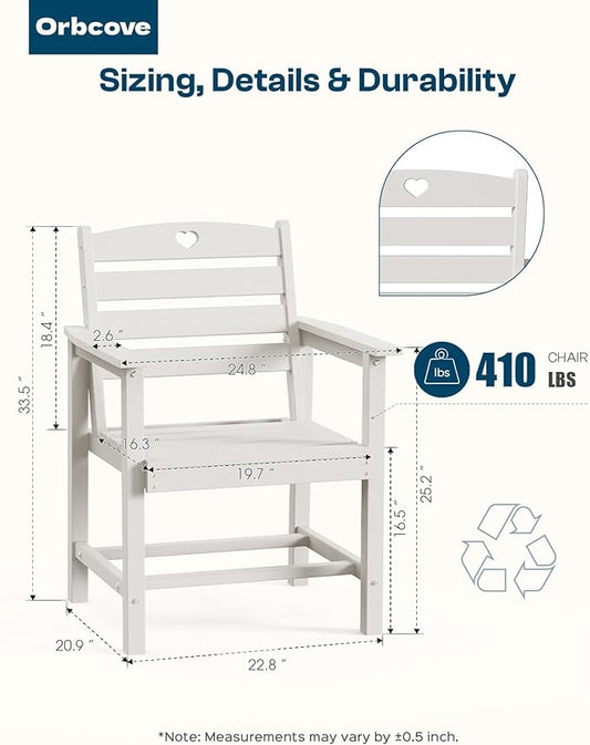 HDPE 2-Piece Outdoor Dining Chairs, Weather-Resistant Heart-Cutout Design Patio Dining Chairs, Outdoor Furniture for Lawn, Patio, Porch, Deck, Poolside, Yard (White)
