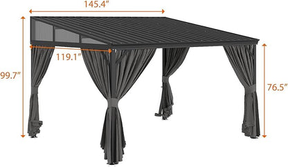 MOUMON 10x12Ft Hardtop Gazebo, Aluminum Frame Wall Mount Outdoor Gazebo with Netting & Curtains, Sloping Galvanized Iron Roof, Sun Shade Pergola Canopy for Patio Garden Backyard, Black Grey