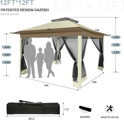 COBIZI 12x12 Pop up Gazebo on Clearance with Mosquito Netting & Sandbags, Outdoor Canopy Tent with 4 Ropes 8 Stakes & Portable Carrying Bag, Patio Portable Gazebo for Garden Backyard & Lawn,Khaki