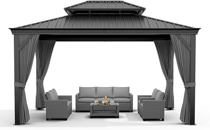 Outdoor Hardtop Gazebos 10 x 12 ft Permanent with High Strength Aluminum Frame, Double-Roof, Pavilion with Curtain and Netting for Patio, Lawn, Deck, Garden (Darkgrey, 10x12 ft)