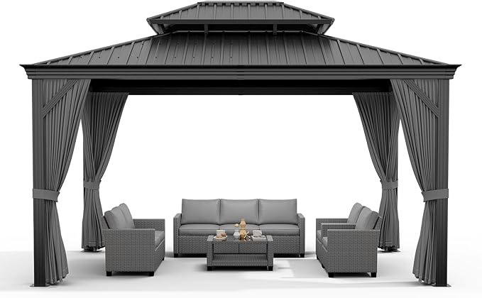 14'x12' Hardtop Gazebo, Heavy Duty Aluminum Permanent Hardtop Gazebo Outdoor Pavilion with Curtains and Netting for Garden (Gray, 14'x12')