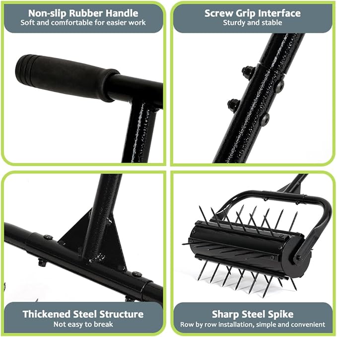 KELIXU Lawn Aerator Tool, 17” Manual Lawn Aerators Roller, Heavy Duty Rolling Lawn Air Aerator Tool with Spike Row, 58.5” H Grass Lawn Aeration Tool, Yard Tools for Garden, Cropland to Loose Soil