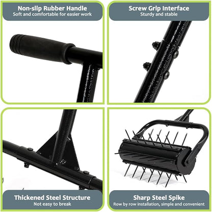 KELIXU Lawn Aerator Tool, 17” Manual Lawn Aerators Roller, Heavy Duty Rolling Lawn Air Aerator Tool with Spike Row, 58.5” H Grass Lawn Aeration Tool, Yard Tools for Garden, Cropland to Loose Soil