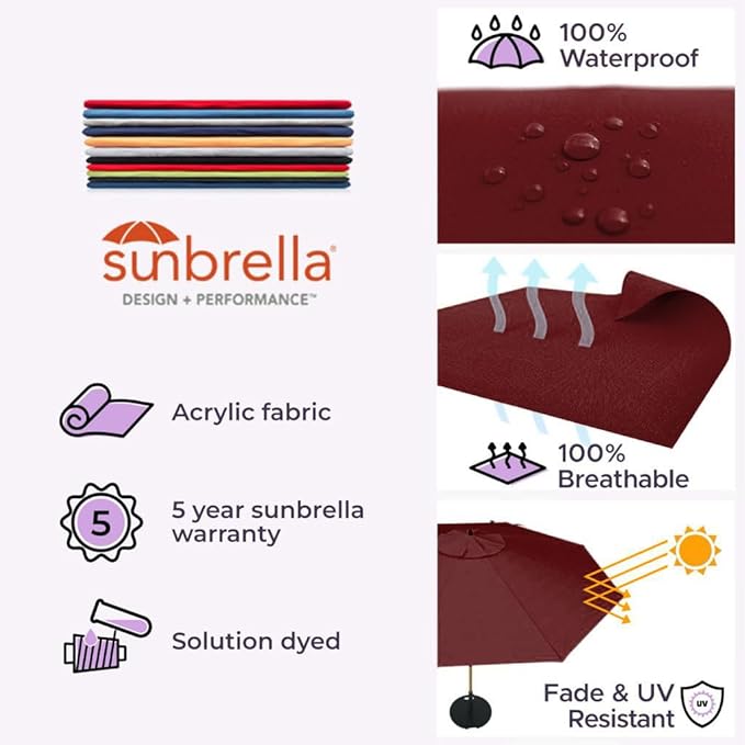 Midtown Umbrellas Push Pop Sunbrella Umbrella 10 Feet Large Outdoor Umbrella With Burgundy Acrylic Fabric - Deck Patio Umbrella, Backyard Umbrella, Garden Umbrella & Pool Umbrella - Black Pole