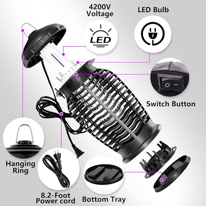 Bug Zapper Indoor Outdoor, 4200V Mosquito Zapper, 15W Fly Zapper, Mosquito Killer, Fly Traps, Flying Insects Zapper Indoor Outdoor,