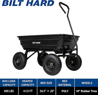 BILT HARD 600 lbs Poly Garden Dump Cart with 180° Rotating Handle, 4 Cu.Ft. Capacity Heavy Duty Wheelbarrow Garden Carts for Yard, Outdoor