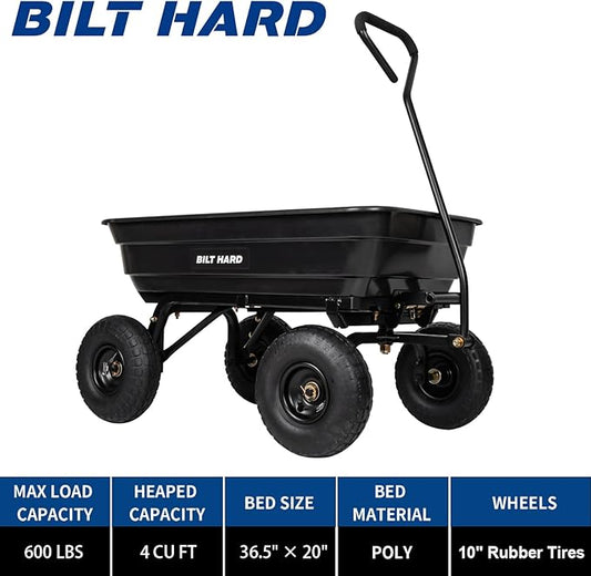 BILT HARD 600 lbs Poly Garden Dump Cart with 180° Rotating Handle, 4 Cu.Ft. Capacity Heavy Duty Wheelbarrow Garden Carts for Yard, Outdoor