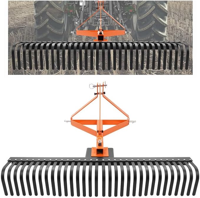KUAFU 60 in Landscape Rake, 3 Point Rake Compatible with Category-1 Tractor, 360 Degree Rotation Tow-Behind Garden Tool for Compact Tractors for Farm, Garden, Clearing Brush, Raking Arenas 2 Package
