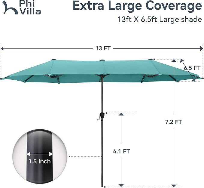 PHI VILLA 13ft Large Patio Umbrellas, Double-Sided Outdoor Market Rectangle Umbrella for Outside, Turquois
