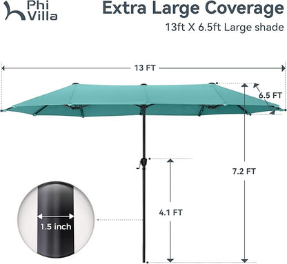 PHI VILLA 13ft Large Patio Umbrellas, Double-Sided Outdoor Market Rectangle Umbrella for Outside, Turquois