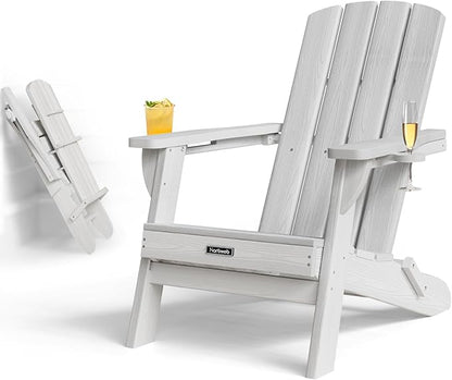 Folding Adirondack Chair with Wood Texture, HDPE All-Weather Fire Pit Chairs, Plastic Adirondack Chairs with 2 Cup Holder, Outdoor Lawn Chair for Patio Garden (White)
