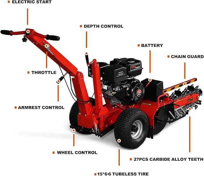 420cc 15HP E-Start Gas Powered Cable Ditching Trencher, 24'' Trench Depth, 27pcs Carbide Alloy High-Pressure Teeths, TCR1500 (Red)
