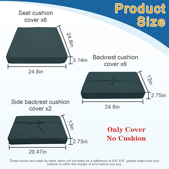 14 PCs Patio Cushion Covers for 7 PCs Outdoor Furniture Sectional Seating Sets Water Resistant Plus 2 Throw Pillows (Gray, 24.8(L)*24.8(W)*3.14(T) inches)