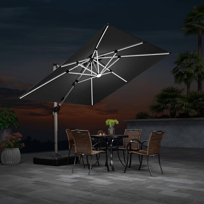 PURPLE LEAF 9 Feet Double Top Deluxe Solar Powered LED Square Patio Umbrella Offset Hanging Umbrella Outdoor Market Umbrella Garden Umbrella, Grey