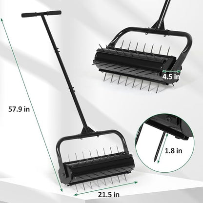 SMONTER Manual Lawn Aerator, 22” Heavy Duty Rolling Aerator Lawn Tool for Yard Garden, Aeration Tool with Spike Soil Penetrator